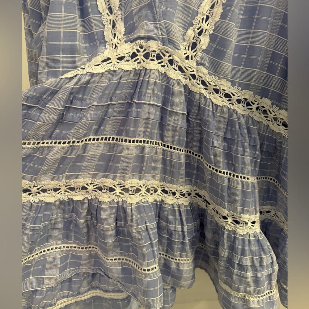 Free People Time Out Lace Tunic Shirt Blouse Chambray Blue White Plaid Medium - Picture 5 of 12